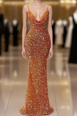 Orange Sequins Sheath Spaghetti Straps Long Formal Prom Dresses