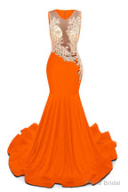 Orange V-Neck Sheer Corset Prom Dresses Beaded Mermaid Long Train Evening Gowns