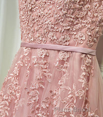 Pink Lace Tulle Long A Line Formal Prom Dresses, Pink Evening Dresses, 1