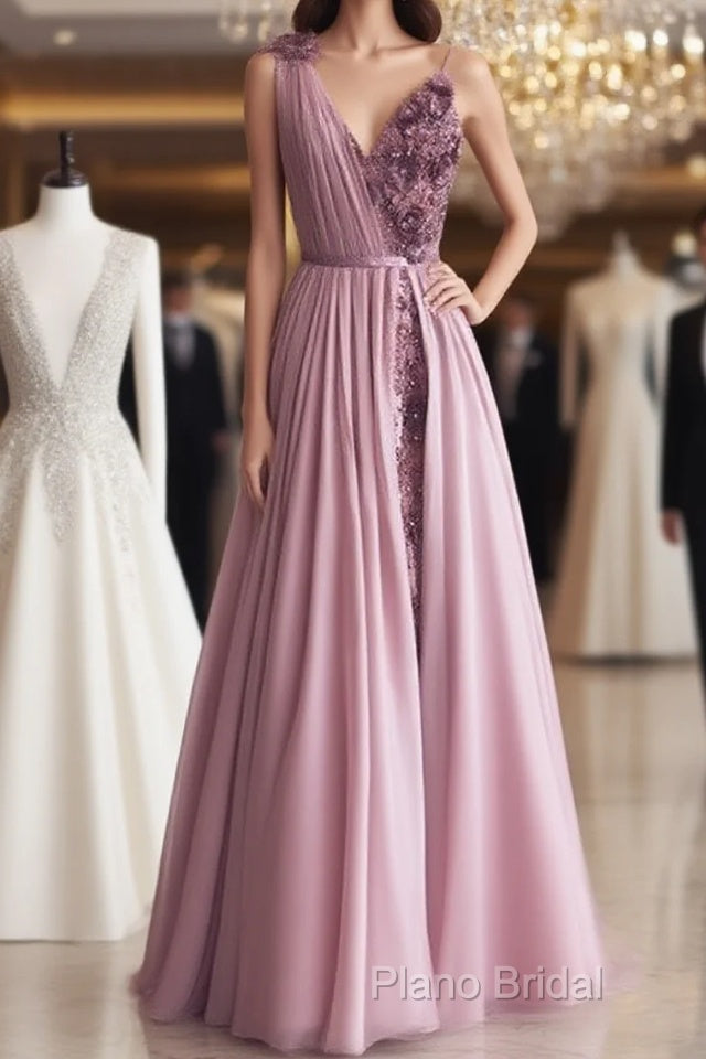 Pale Pink Tulle V Neck Dresses 3D Flowers Embroidery