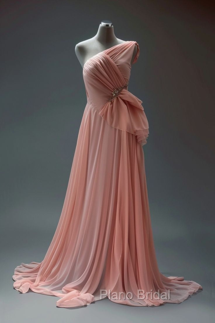 Peach A-Line One Shoulder Chiffon Long Formal Prom Dresses Simple Bridal Dresses Secondary image