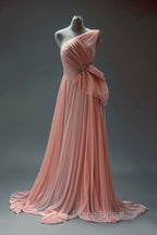 Peach A-Line One Shoulder Chiffon Long Formal Prom Dresses Simple Bridal Dresses