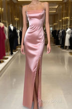 Peach Pink Diamond Spaghetti Strap Satin Bodycon Ball Dresses