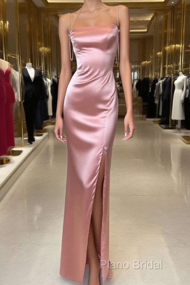 Peach Pink Diamond Spaghetti Strap Satin Bodycon Ball Dresses