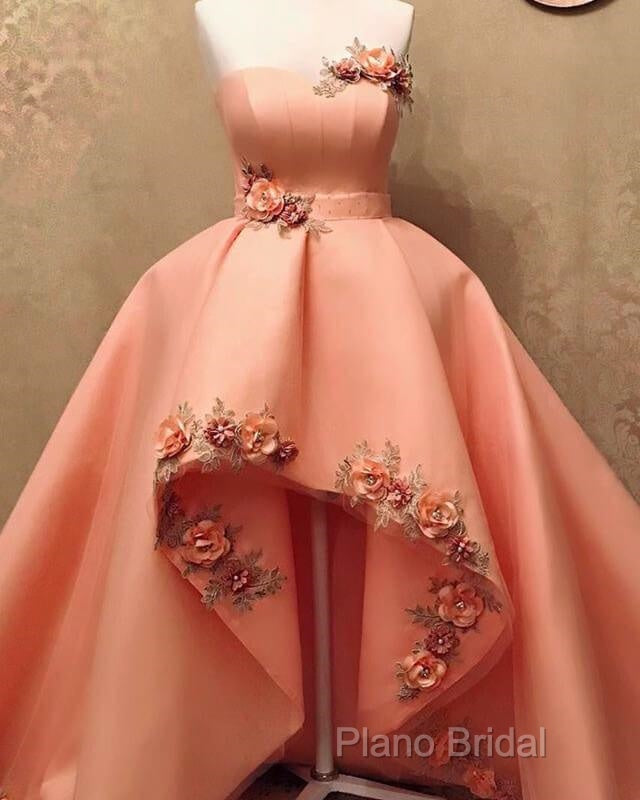 Peach Sweetheart High Low Dresses With 3D Flowers Secondary image