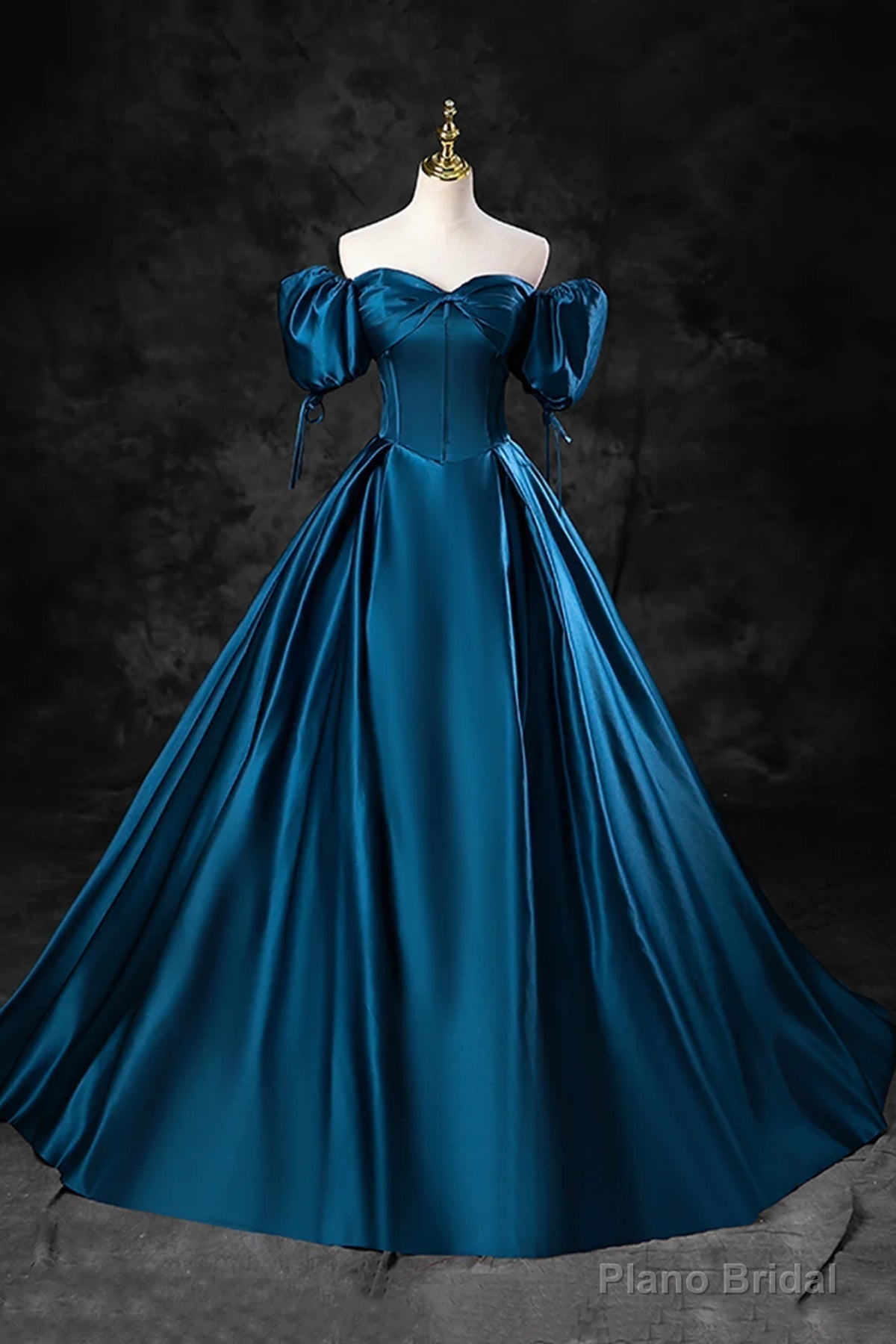 Peacock Blue Long Satin Prom Dresses, Peacock Blue Long Satin Formal Evening Dresses Main image