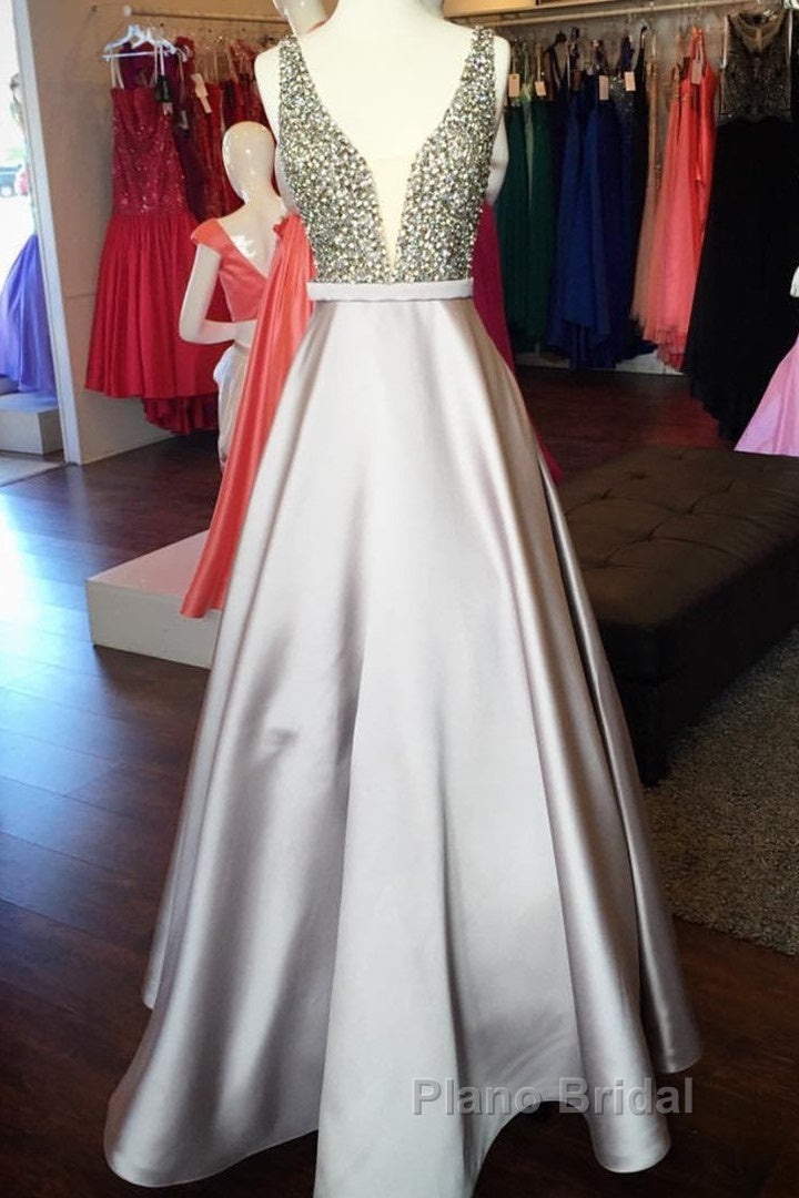Pearl Beaded V Neck Long Silver Satin Formal Prom Dresses Floor Length Secondary image