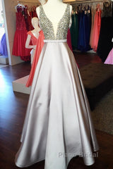 Pearl Beaded V Neck Long Silver Satin Formal Prom Dresses Floor Length