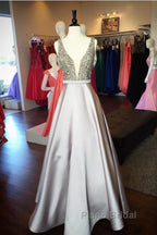 Pearl Beaded V Neck Long Silver Satin Formal Prom Dresses Floor Length