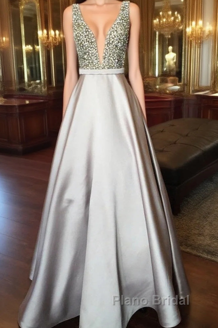 Pearl Beaded V Neck Long Silver Satin Formal Prom Dresses Floor Length