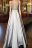 Pearl Beaded V Neck Long Silver Satin Formal Prom Dresses Floor Length