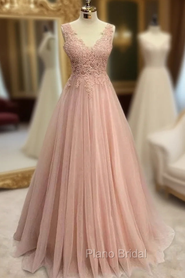 Pearl Pink Formal Prom Dresses, A-line V Neck Sleeveless Long/Floor-Length Tulle Glitter Formal Prom Dresses With Appliqued Beading Main image