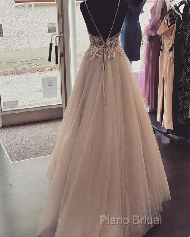 Pearl Pink Tulle Formal Prom Dresses V Neck Appliques Secondary image