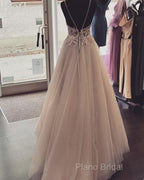 Pearl Pink Tulle Formal Prom Dresses V Neck Appliques