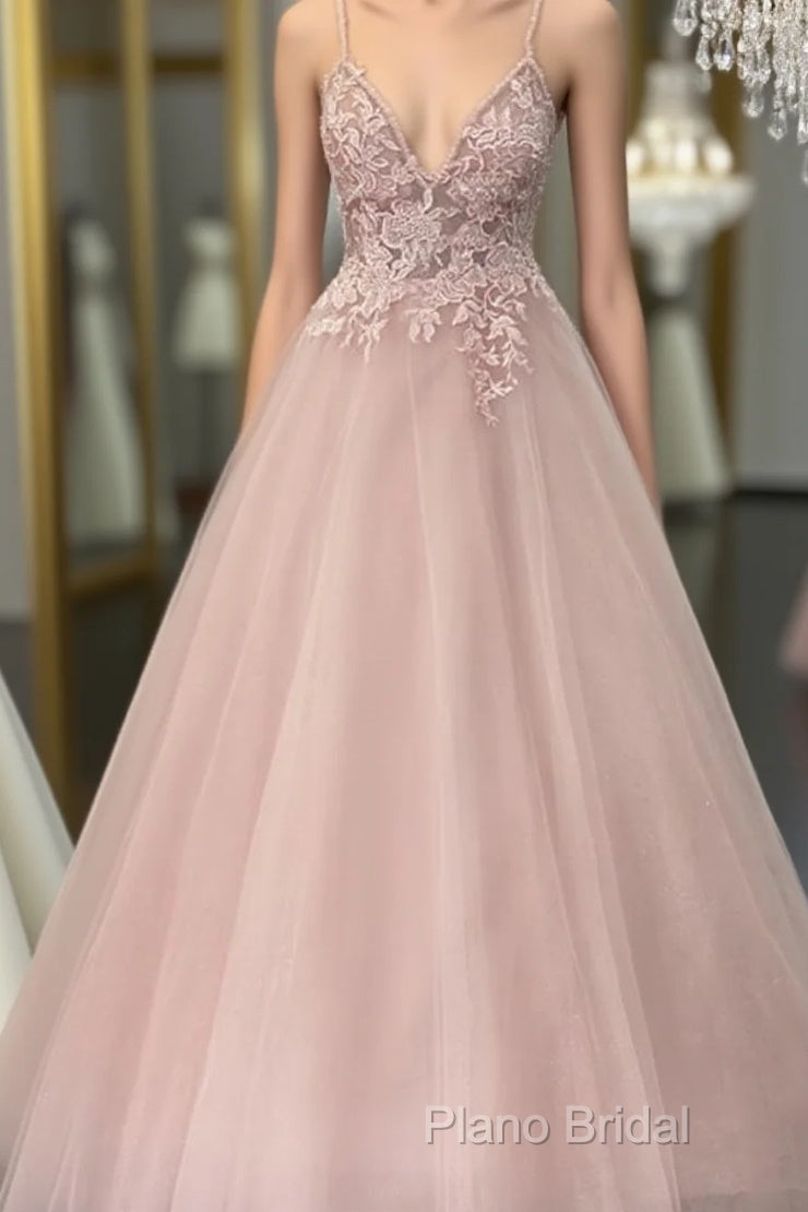 Pearl Pink Tulle Formal Prom Dresses V Neck Appliques Main image
