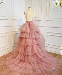 Blue V Neck Tiered Sleeveless Tulle Formal Prom Dresses, Gorgeous Long Party Dresses