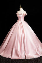 Pink A-Line Off Shoulder Satin Long Formal Prom Dresses, Beautiful A-Line Off The Shoulder Party Dresses