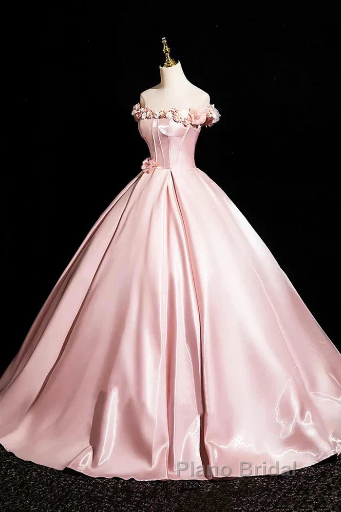 Pink A-Line Off Shoulder Satin Long Formal Prom Dresses, Beautiful A-Line Off The Shoulder Party Dresses