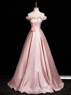 Pink A-Line Off Shoulder Satin Long Formal Prom Dresses, Beautiful A-Line Off The Shoulder Party Dresses