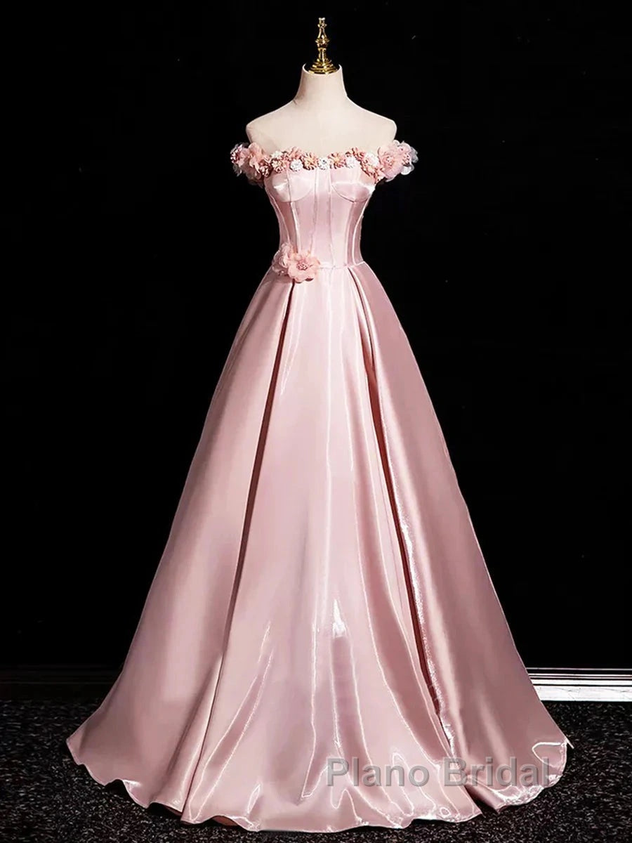 Pink A-Line Off Shoulder Satin Long Formal Prom Dresses, Beautiful A-Line Off The Shoulder Party Dresses
