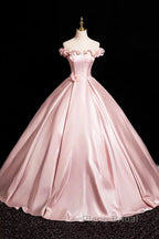 Pink A-Line Off Shoulder Satin Long Formal Prom Dresses, Beautiful A-Line Off The Shoulder Party Dresses