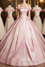 Pink A-Line Off Shoulder Satin Long Formal Prom Dresses, Beautiful A-Line Off The Shoulder Party Dresses