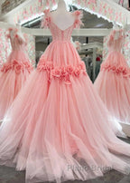 Pink A-Line Off The Shoulder Lace Tulle Long Formal Prom Dresses, Sweet 16 Dresses