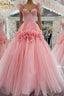 Pink A-Line Off The Shoulder Lace Tulle Long Formal Prom Dresses, Sweet 16 Dresses