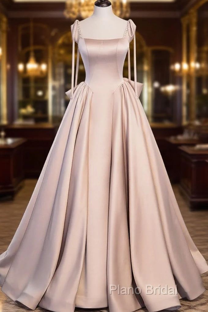 Pink A Line Satin Long Formal Prom Dresses Formal Dresses Main image