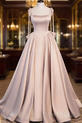 Pink A Line Satin Long Formal Prom Dresses Formal Dresses