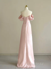 Pink A-Line Satin Long Formal Prom Dresses, Off Shoulder Pink Long Formal Dresses