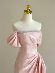 Pink A-Line Satin Long Formal Prom Dresses, Off Shoulder Pink Long Formal Dresses