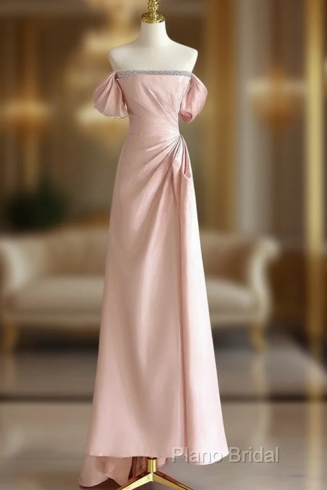 Pink A-Line Satin Long Formal Prom Dresses, Off Shoulder Pink Long Formal Dresses Main image