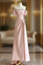 Pink A-Line Satin Long Formal Prom Dresses, Off Shoulder Pink Long Formal Dresses