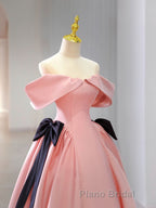Pink A-Line Satin Off Shoulder Long Formal Prom Dress, Pink Formal Evening Dresses