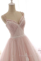 Pink A Line Spaghetti Strap Tulle Beaded Long Formal Prom Dresses Sweet Applique Wedding Dresses