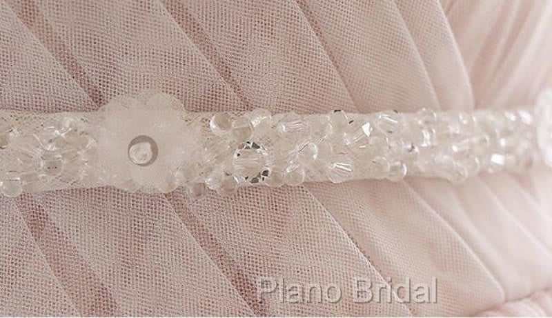 Pink A Line Spaghetti Strap Tulle Beaded Long Formal Prom Dresses Sweet Applique Wedding Dresses