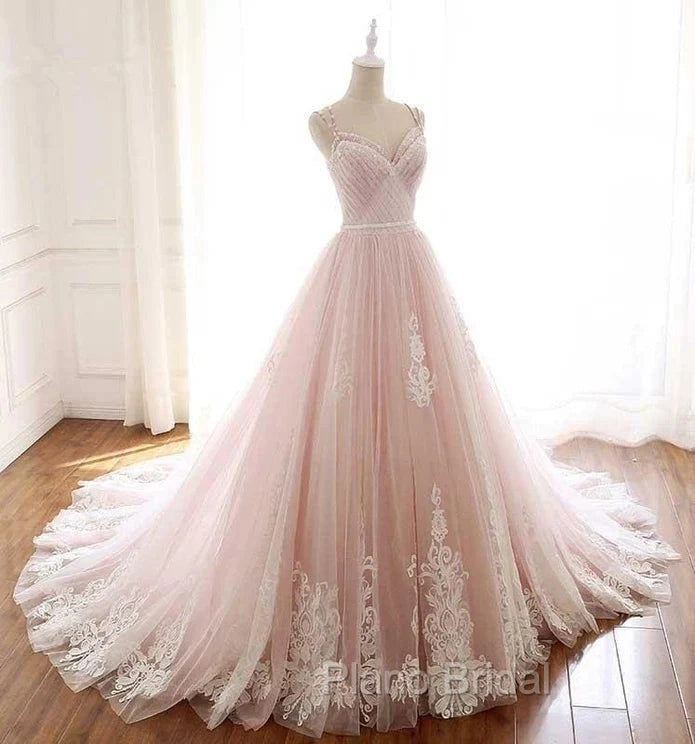 Pink A Line Spaghetti Strap Tulle Beaded Long Formal Prom Dresses Sweet Applique Wedding Dresses
