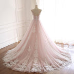 Pink A Line Spaghetti Strap Tulle Beaded Long Formal Prom Dresses Sweet Applique Wedding Dresses