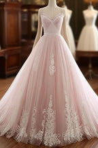 Pink A Line Spaghetti Strap Tulle Beaded Long Formal Prom Dresses Sweet Applique Wedding Dresses