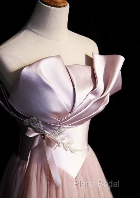 Pink A-Line Strapless Satin Tulle Long Formal Prom Dresses Graduation Formal Prom Birthday Dresses Secondary image