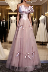Pink A-Line Strapless Satin Tulle Long Formal Prom Dresses Graduation Formal Prom Birthday Dresses