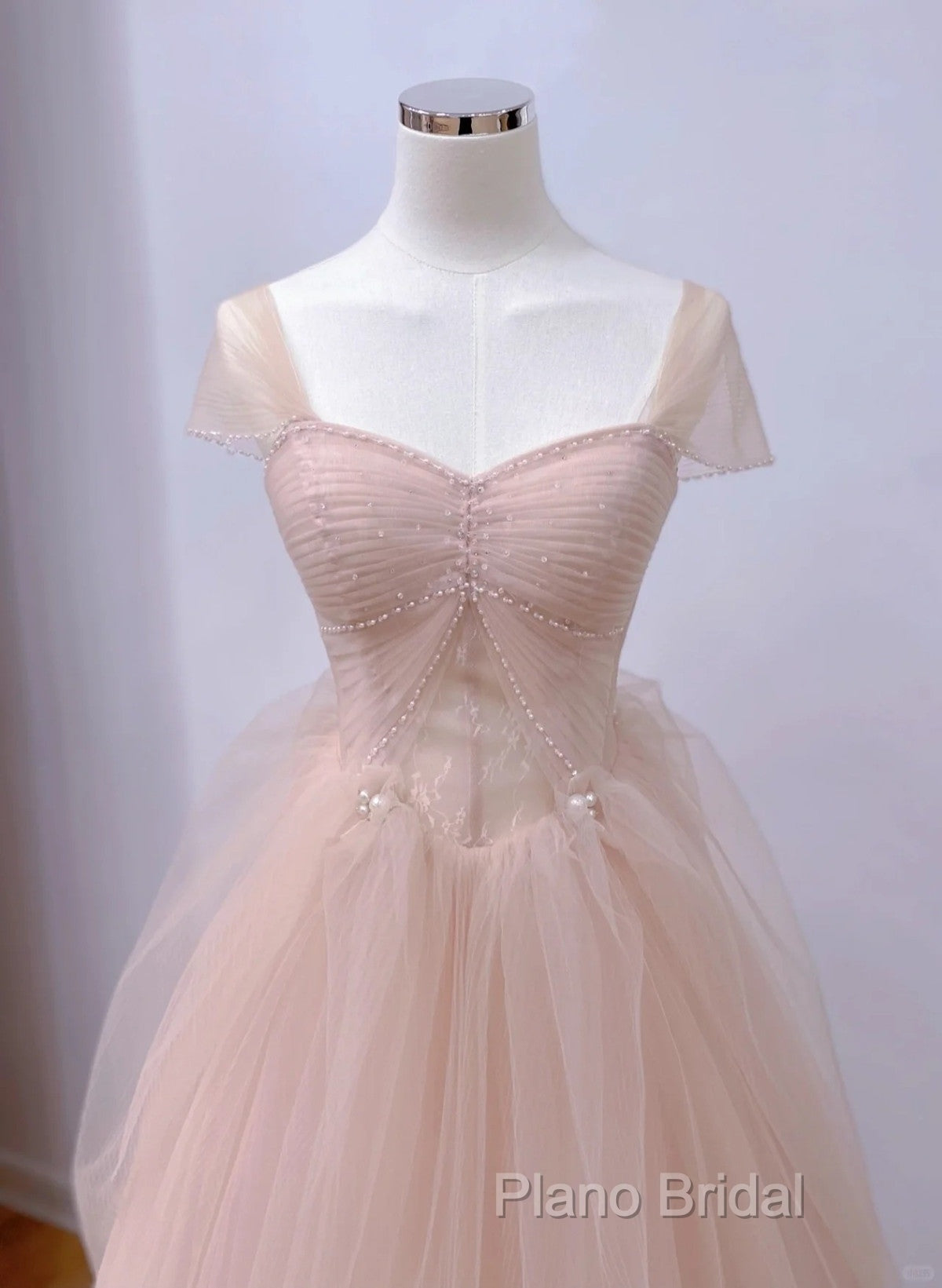 Pink A-Line Tulle Beaded Off Shoulder Long Party Dresses, Pink Tulle Formal Prom Dresses