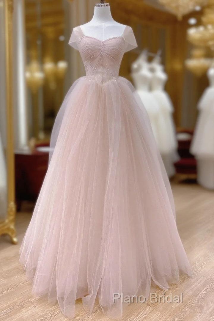 Pink A-Line Tulle Beaded Off Shoulder Long Party Dresses, Pink Tulle Formal Prom Dresses Main image