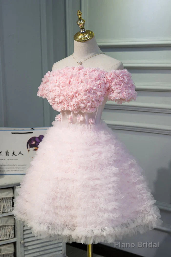 Pink A Line Tulle Homecoming Dresses With Flower Appliques Secondary image