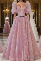 Pink A-line tulle lace long Formal Prom dress, pink lace formal dress