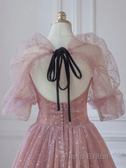 Pink A-line tulle lace long Formal Prom dress, pink lace formal dress