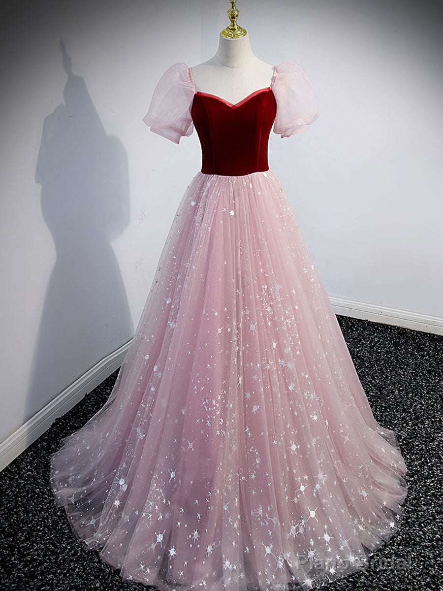 Pink A line Tulle Long Prom Dress, Pink Tulle Evening Graduation Dresses Secondary image