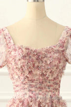 Pink A-Line Tulle Pleated Floral Long Formal Prom Dresses Adult Ceremony Graduation Formal Prom Dresses