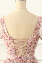 Pink A-Line Tulle Pleated Floral Long Formal Prom Dresses Adult Ceremony Graduation Formal Prom Dresses